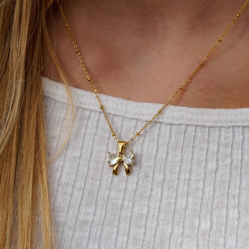 Load image 1 in gallery view. 18k Gold Plated Bow White Zircon Pendant Chain