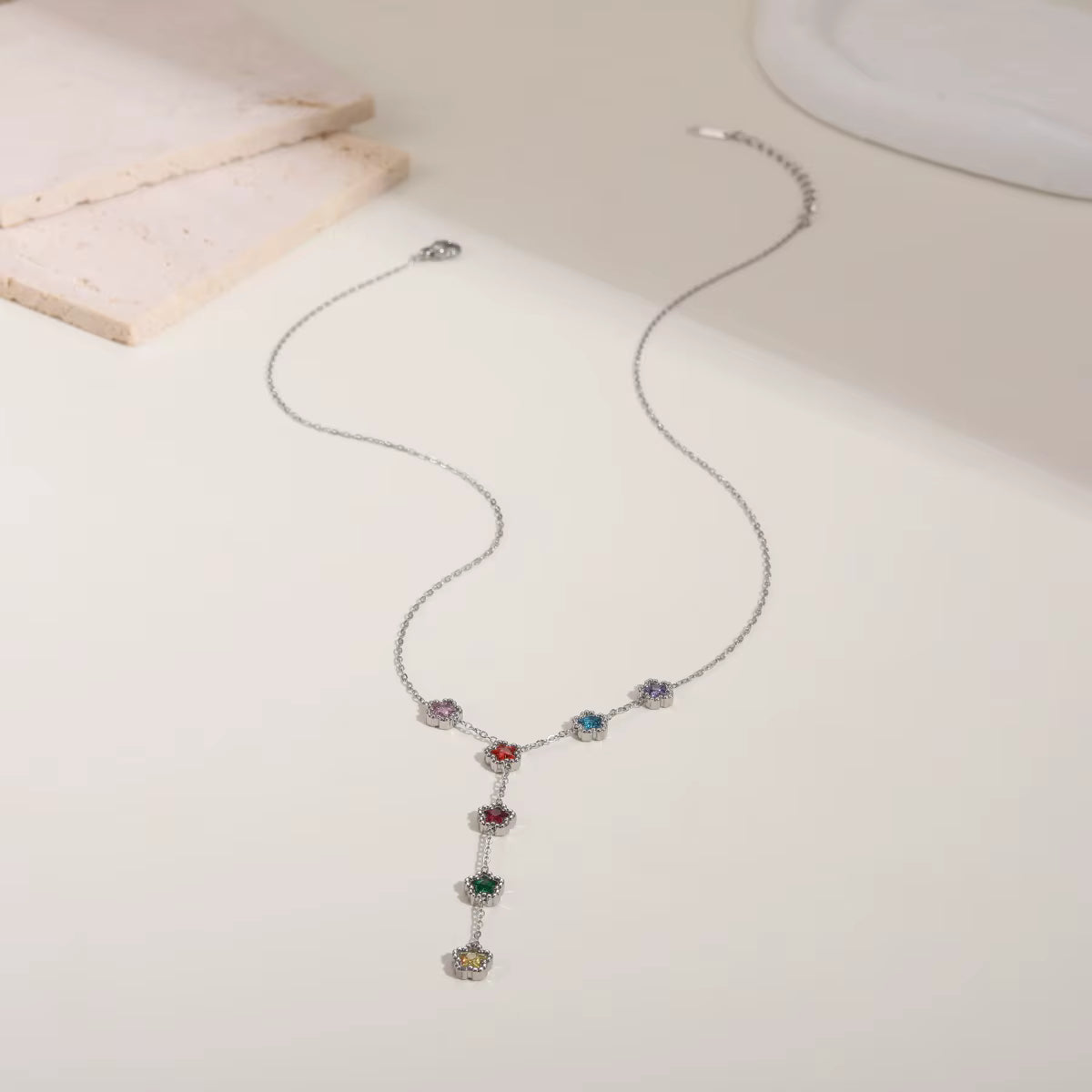 Gold and Silver Stainless Steel Y Necklace - Colorful Zircon Fringe Pendant