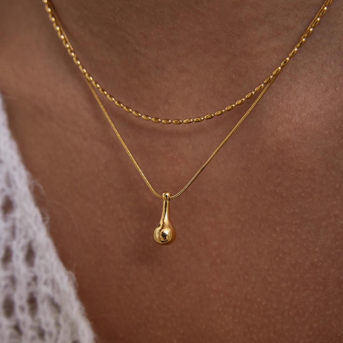 Waterproof Stainless Steel 18K PVD Gold Plating Double Layers Oval Bead String Chain Teardrop Pendant Necklace