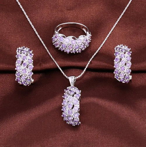 Load image 1 in gallery view. 18k Gold Plated Cubic Zirconia Rings Earring Necklaces Jewelry Sets in 4 Colors Gold, White, Purple, Champagne