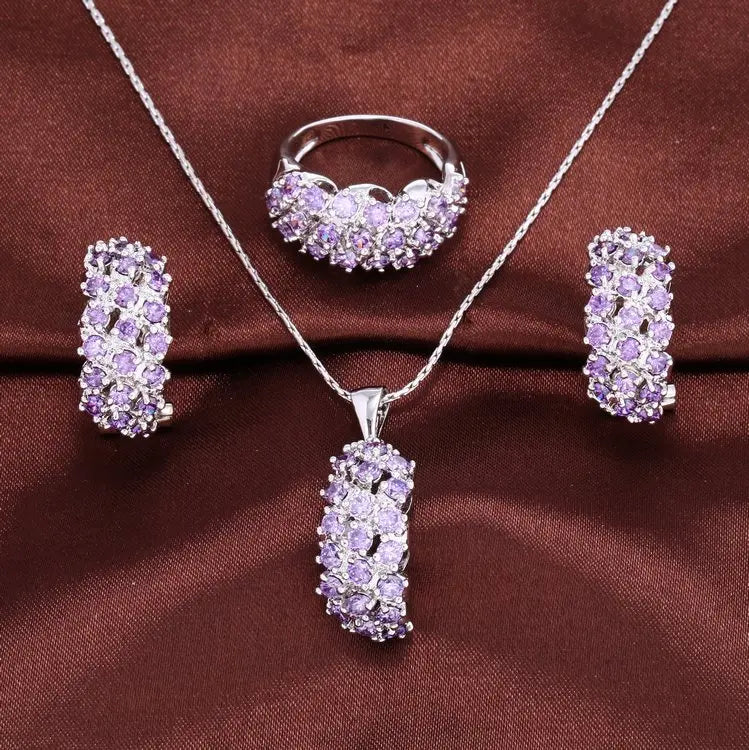 18k Gold Plated Cubic Zirconia Rings Earring Necklaces Jewelry Sets in 4 Colors Gold, White, Purple, Champagne