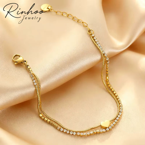 Load image 1 in gallery view. 18K Gold Plated Heart Zircon Charm Bracelet Girls Tennis Bracelet Stainless Steel
