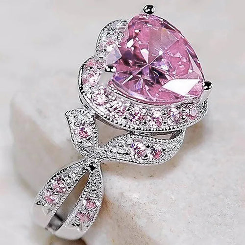 Load image 1 in gallery view. Elegant Butterfly Knot Design Heart Shaped Dazzling Pink Crystal Zircon Ring for Women