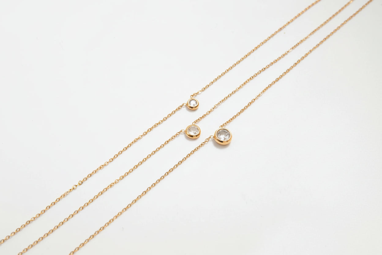 18K Gold Plated Classic Round White Zircon Pendant O-Chain Three-Layer Necklace