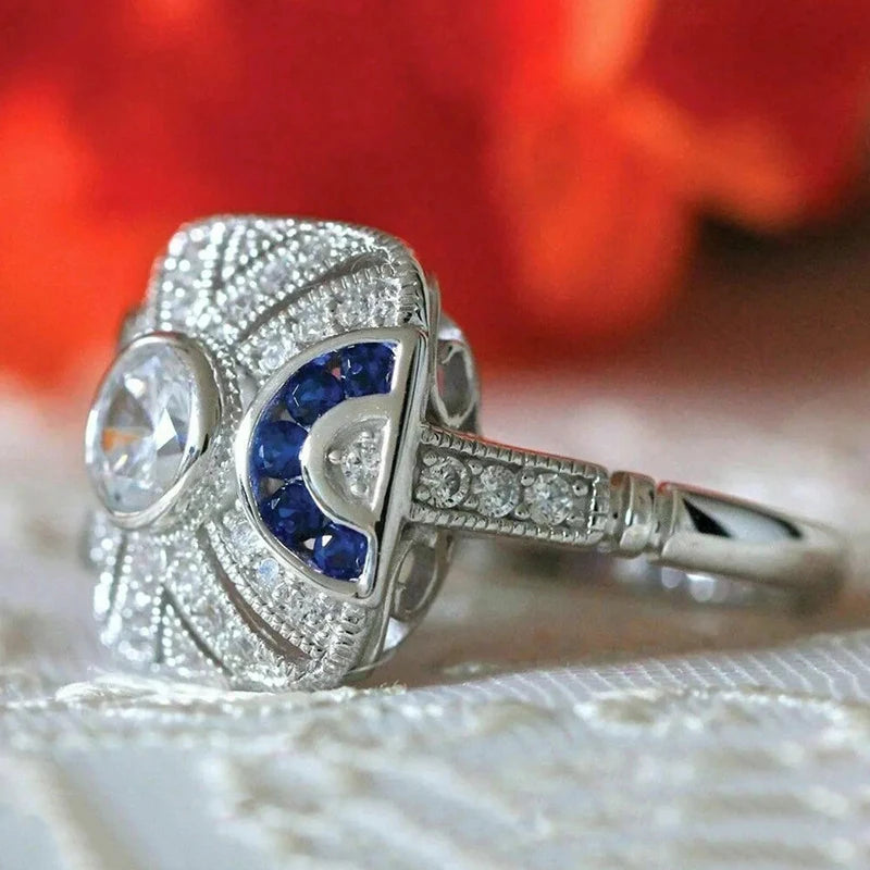 Geometric Square Design Round Imitated Diamond Rings for Engagement Wedding Silver Plated Rings Jewelry for Women