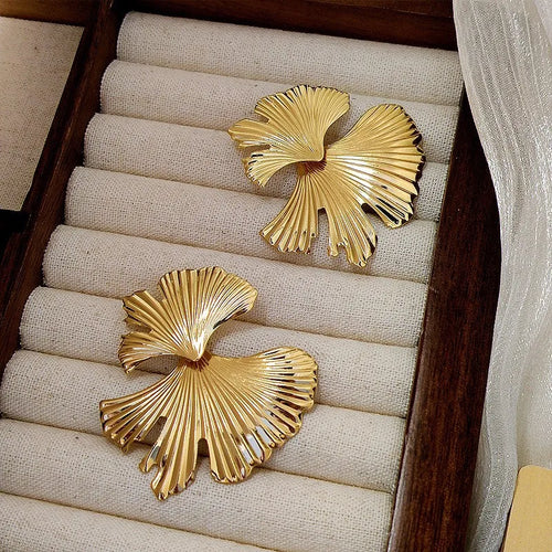 Load image 1 in gallery view. Gold Plated Ginkgo Leaf Stud Earrings | Trendy Floral Jewelry