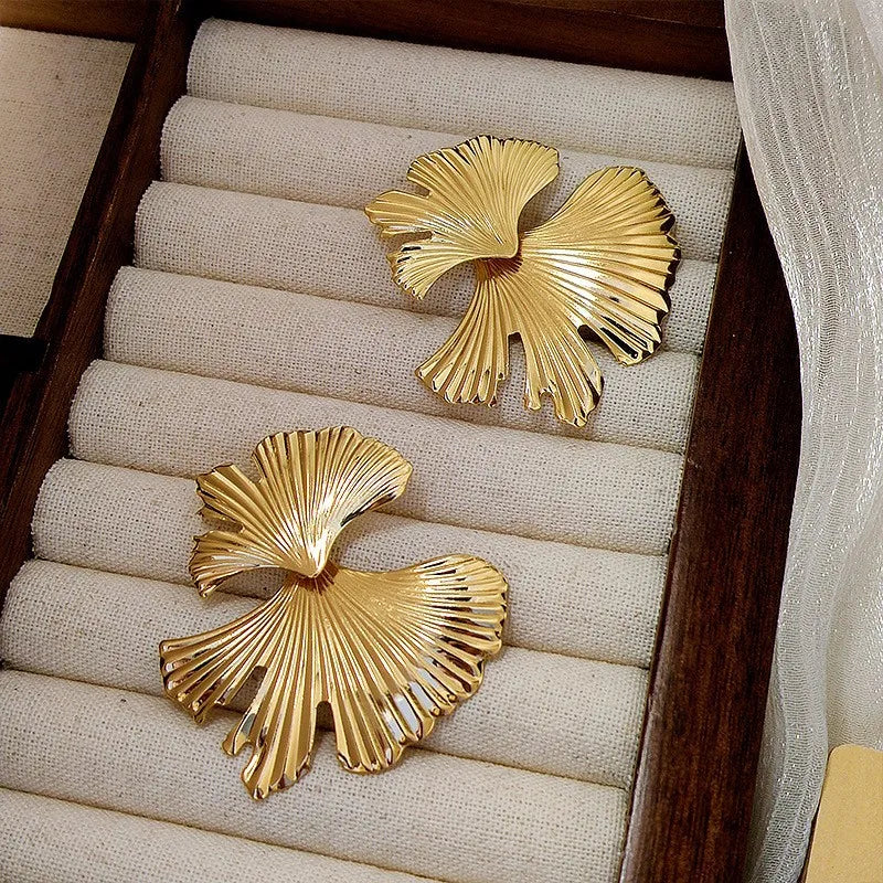 Gold Plated Ginkgo Leaf Stud Earrings | Trendy Floral Jewelry