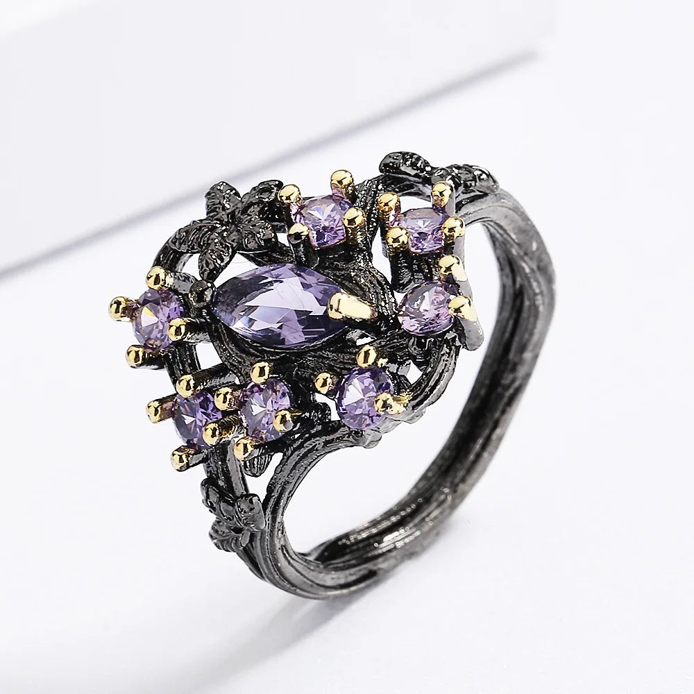 Antique Jewelry Black Plated Purple Zircon Hollowed Out Ring for Women