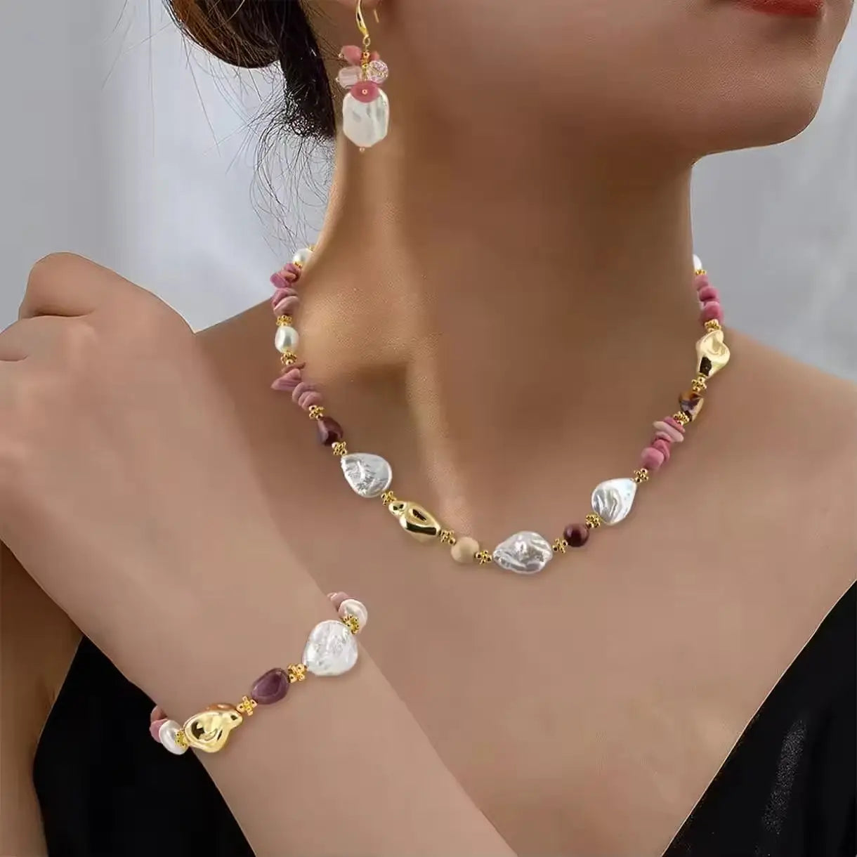 Gold Plated Freshwater Pearl Set Baroque Rose Stone 3pc Earring Necklace Bracelet For Women  Children