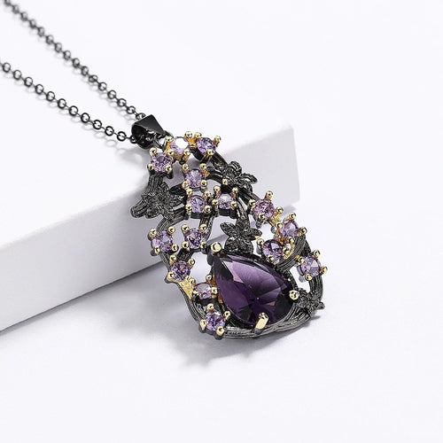 Load image 1 in gallery view. Retro Style Gothic Black Rhodium Plated Hollow Branch Purple Zircon Necklace for Women