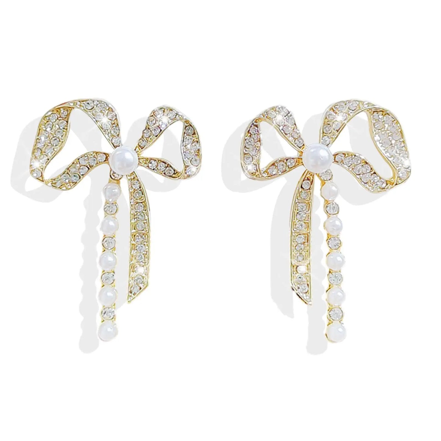 Bow Pearl Drop Earrings | Gold Rhinestone Bowknot Studs
