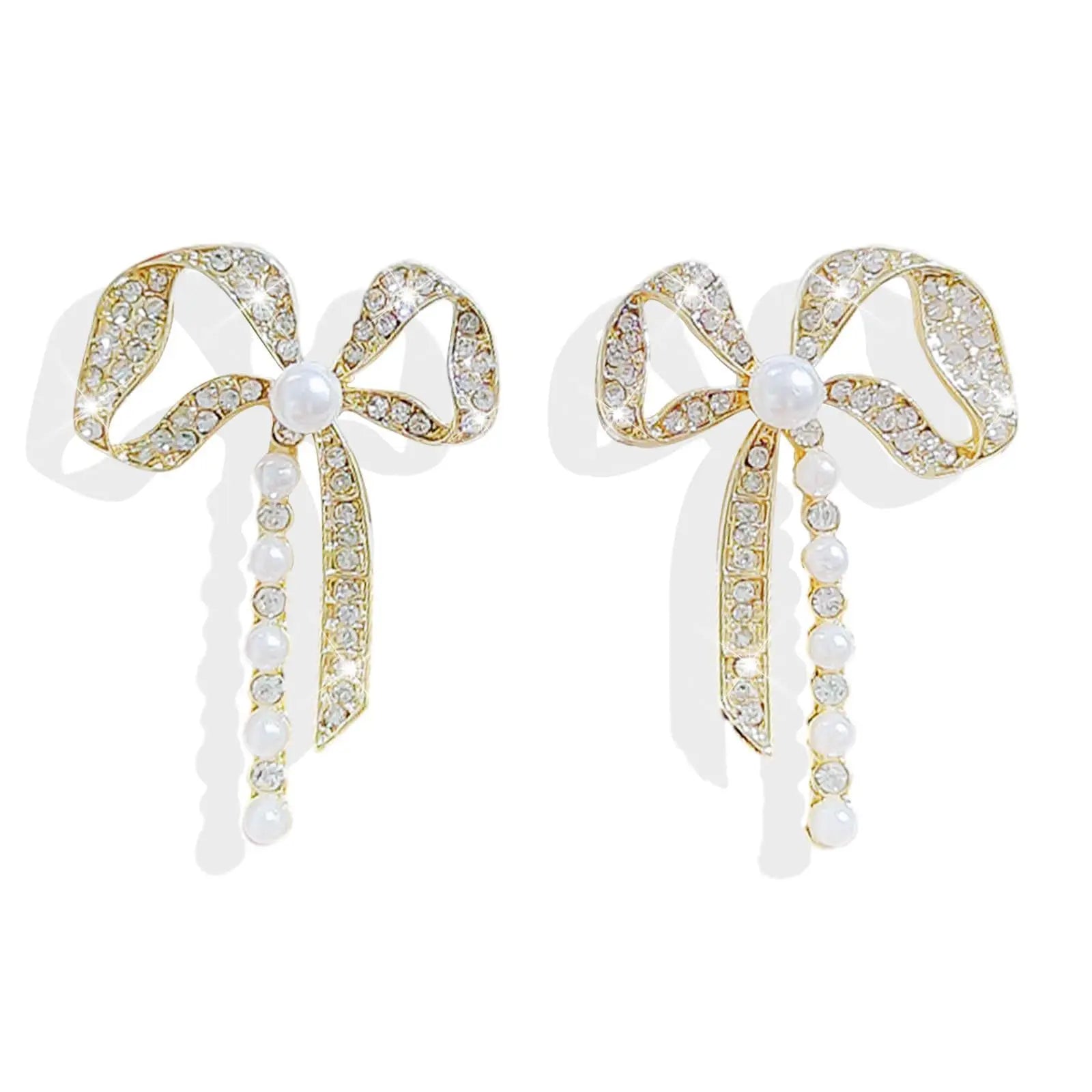 Bow Pearl Drop Earrings | Gold Rhinestone Bowknot Studs