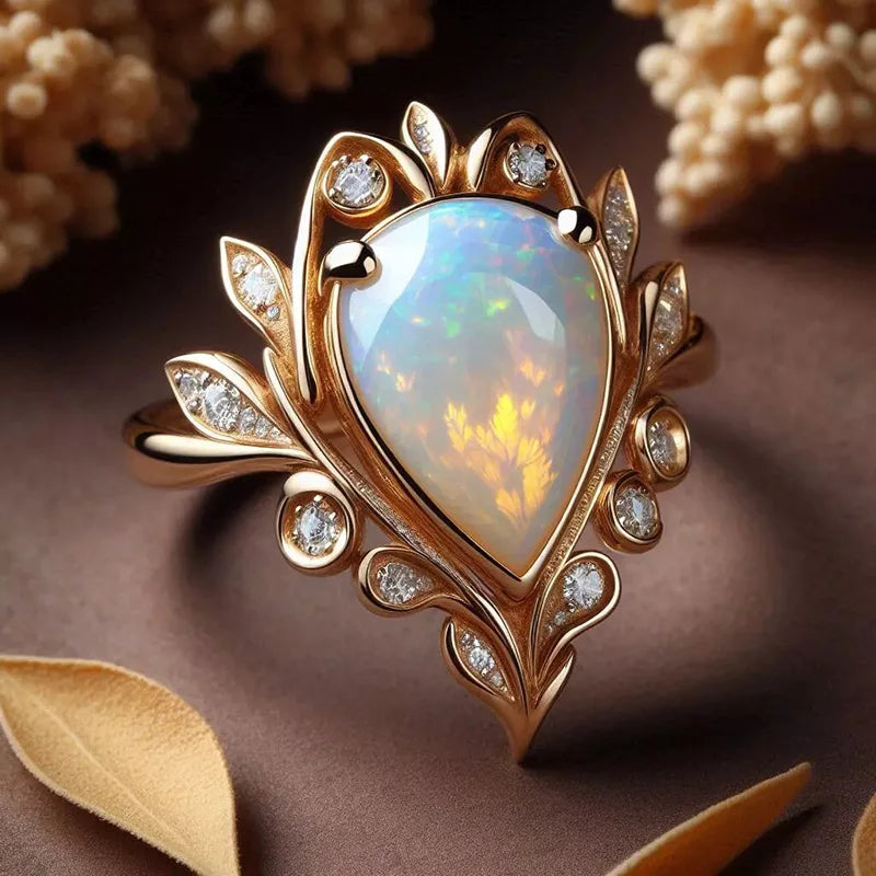 Champagne Gold Plated Zircon Rings Marquise Cut Pear Shaped Opal Rings for Women Wedding