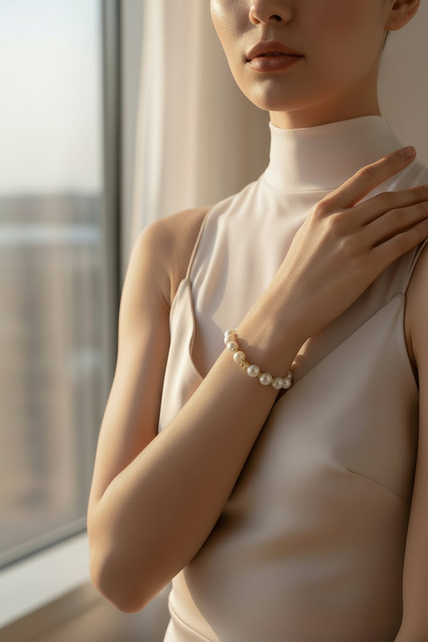 18K Gold Plated White Pearl Handmade Bracelet Baroque Vintage Ball Shape