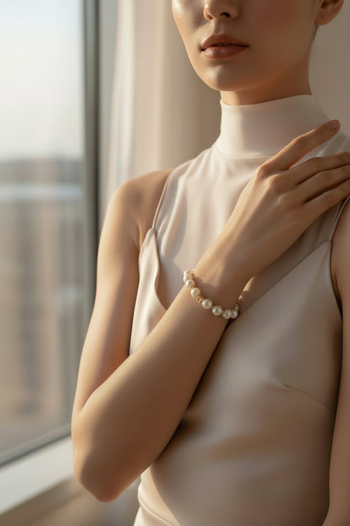 Load image 1 in gallery view. 18K Gold Plated White Pearl Handmade Bracelet Baroque Vintage Ball Shape