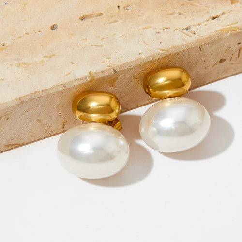 Load image 1 in gallery view. Gold Plated Oval Bead Imitation Pearl Stud Earrings Trendy Jewelry for Anniversary