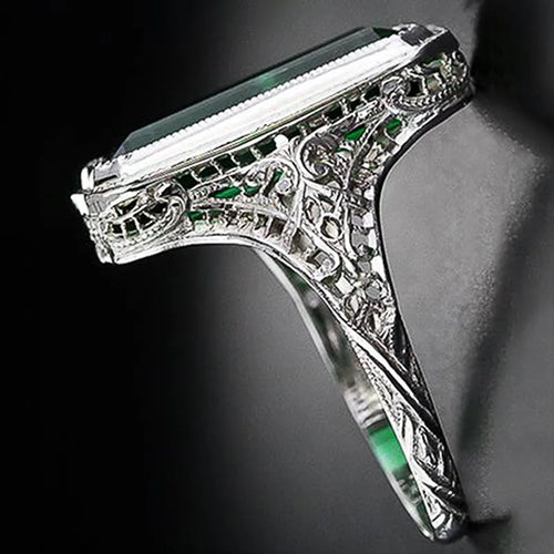 Load image 1 in gallery view. Rectangle Shaped Princess Cut Green Crystal Pattern Hollow Zircon Rings for Women