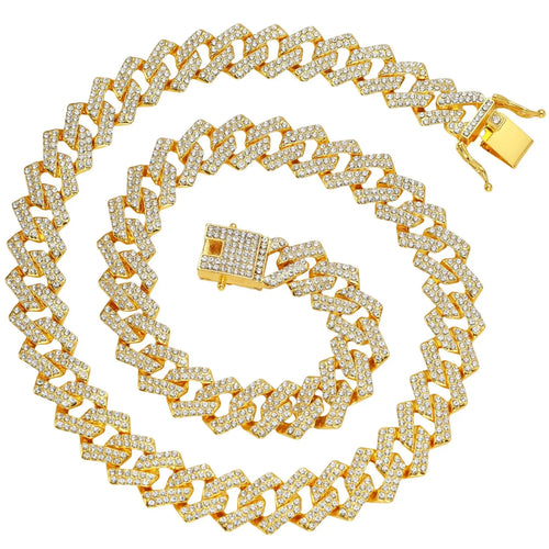 Load image 1 in gallery view. Silver and Gold Plated Link Chain Double Row Four-Sided Hip Hop Necklace