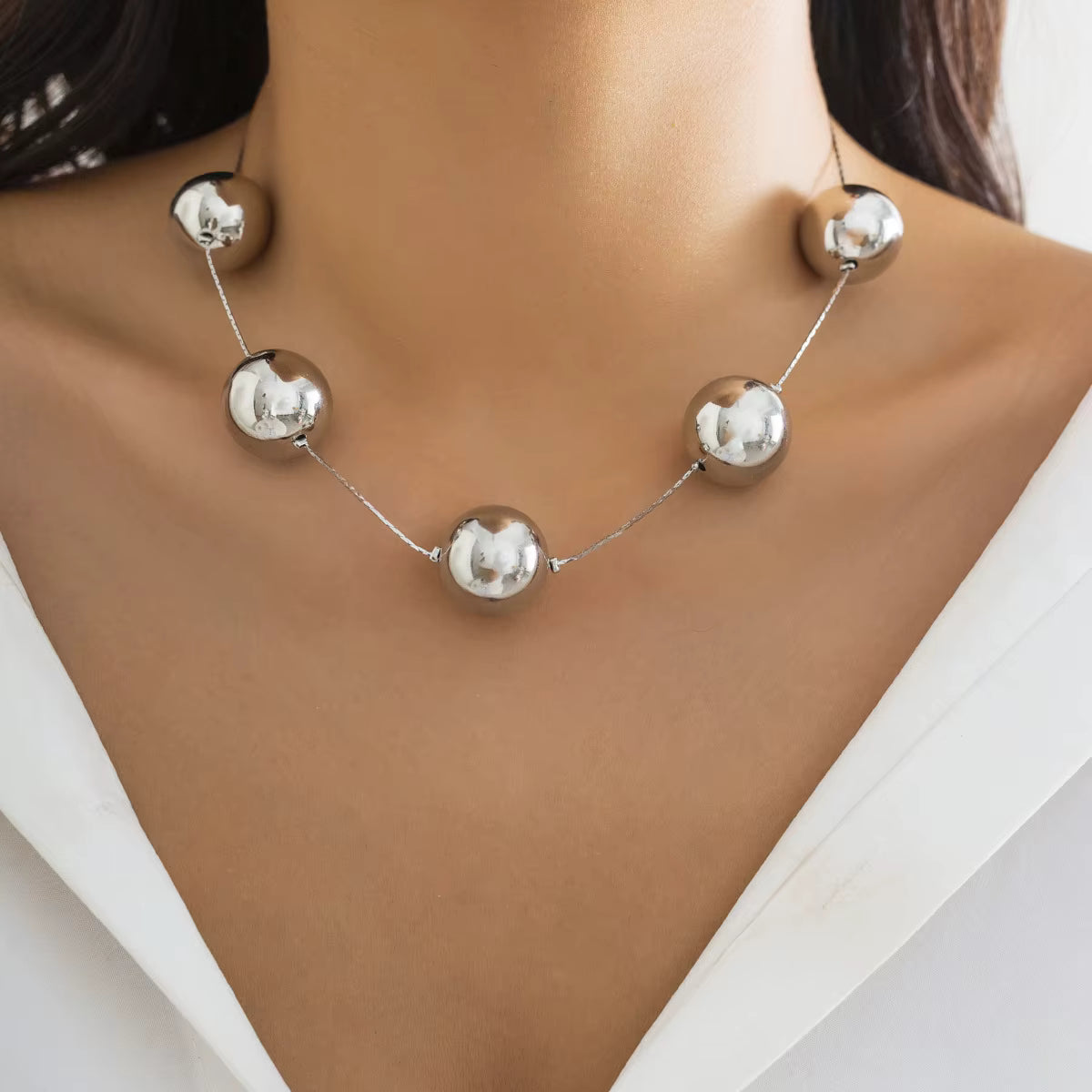 Big Beaded Punk Collar Geometric Type Clavicle Chain Round Silver Necklace