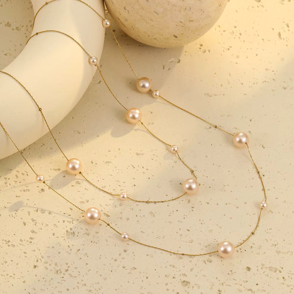 Gold Stainless Steel Pearl Beaded Necklace, Double Layer Chains