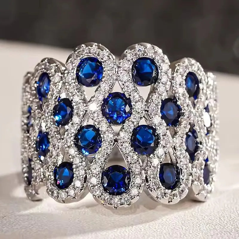 Dainty Geometric Hollow Design Inlaid Blue Zircon Wide Rings for Women Engagement Silver Color Plated Jewelry Rings