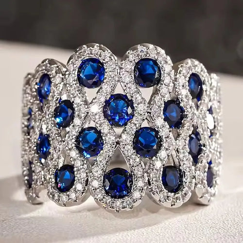 Load image 1 in gallery view. Dainty Geometric Hollow Design Inlaid Blue Zircon Wide Rings for Women Engagement Silver Color Plated Jewelry Rings