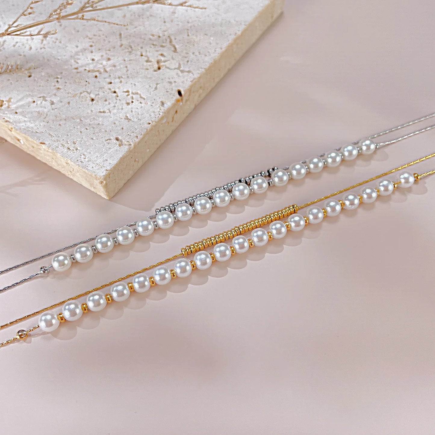 18K Gold Plated  Double Layers Stacked Pearls Collarbone Chain Drop Necklace