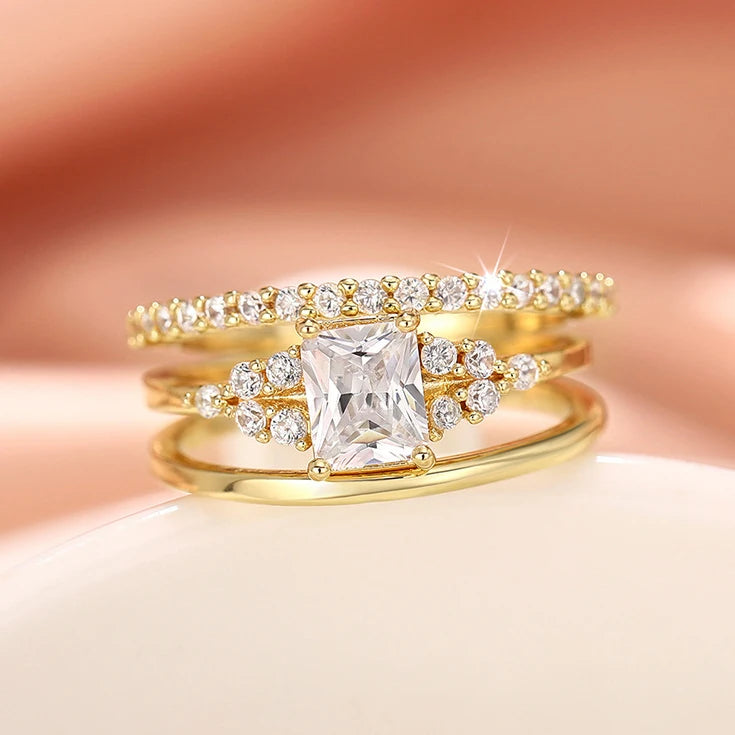3Pcs Sets Couple Rings Luxury Gold Plated Square Design Shiny Cubic Zirconia