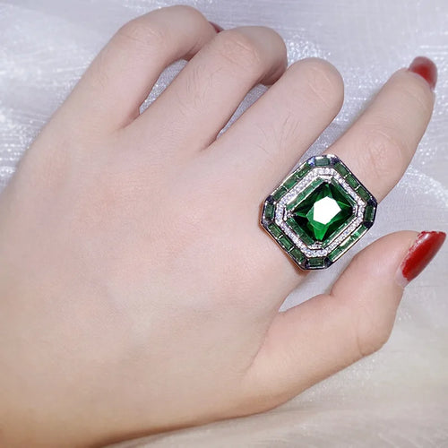 Load image 1 in gallery view. Geometric Shape Green Big Zircon Ring and Necklace
