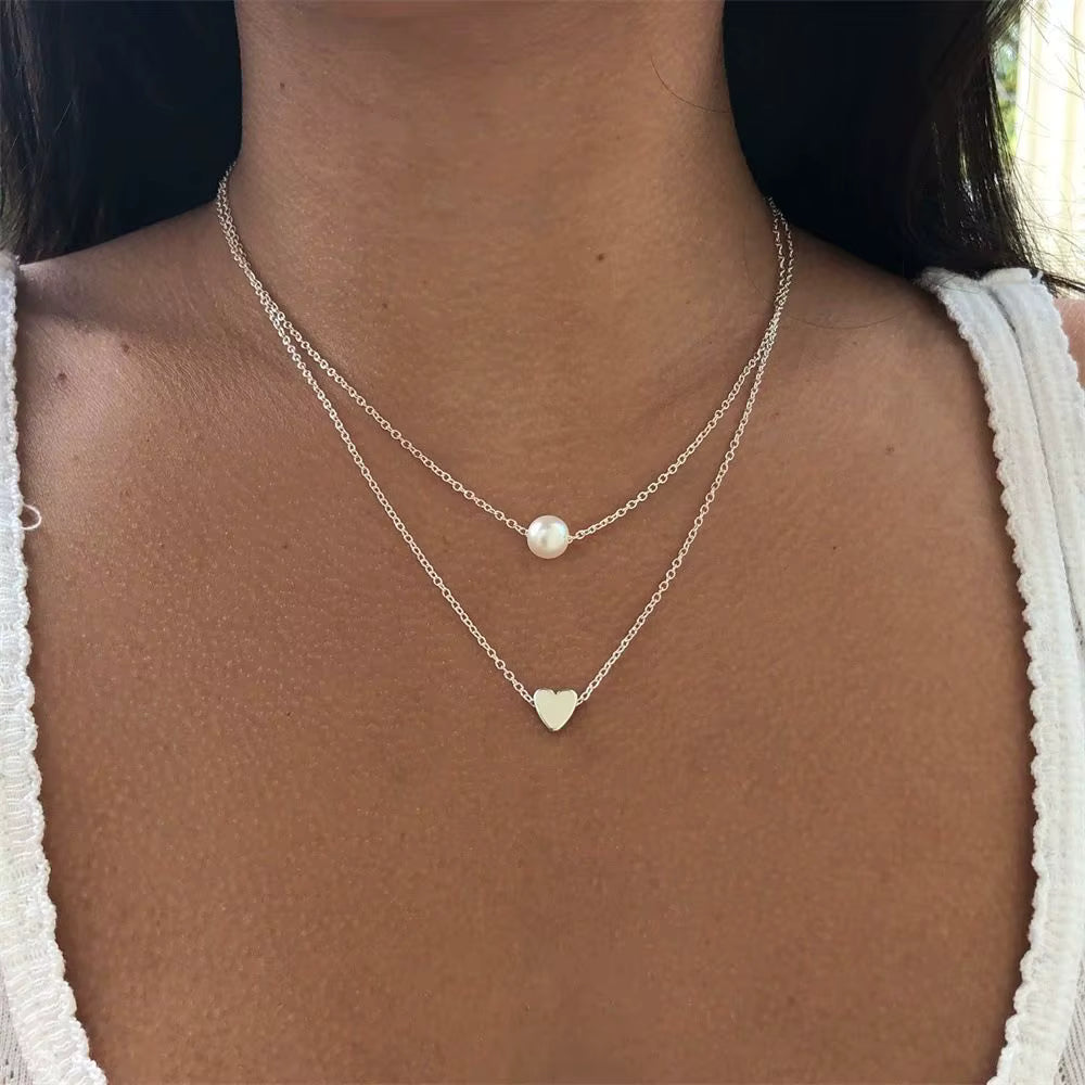 18K Gold Silver Plated Layer Heart Pearl CZ Chain