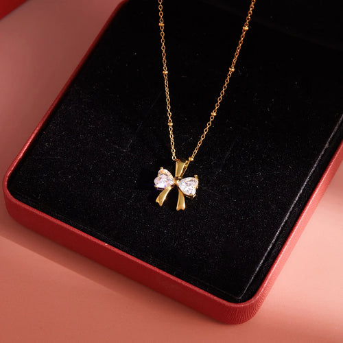 Load image 1 in gallery view. 18k Gold Plated Bow White Zircon Pendant Chain