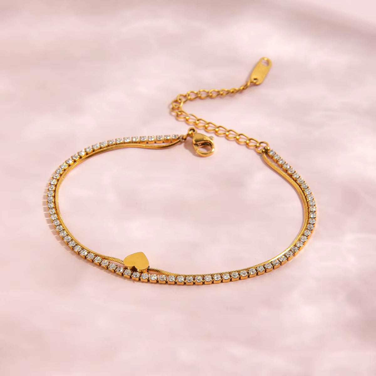 18K Gold Plated Heart Zircon Charm Bracelet Girls Tennis Bracelet Stainless Steel