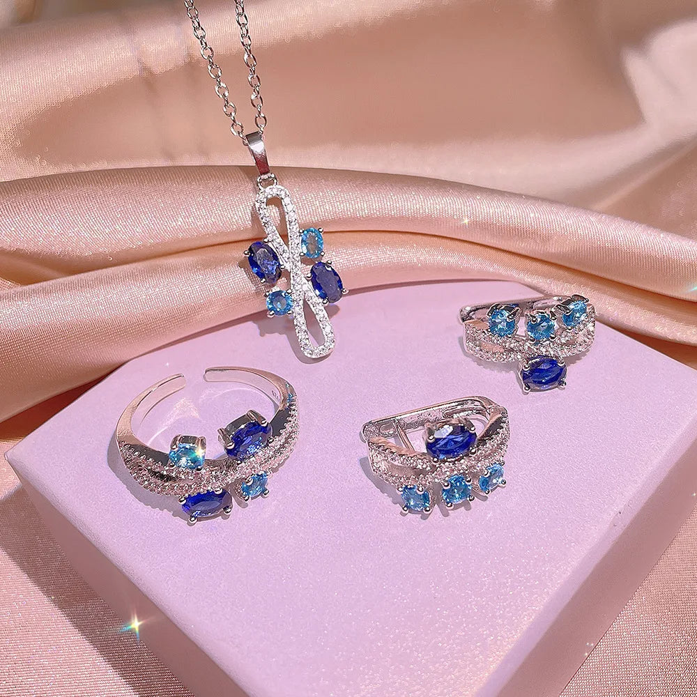 Graceful Geometric Blue Zircon Jewelry Set Platinum Plated Set Necklace, Earrings and Ring