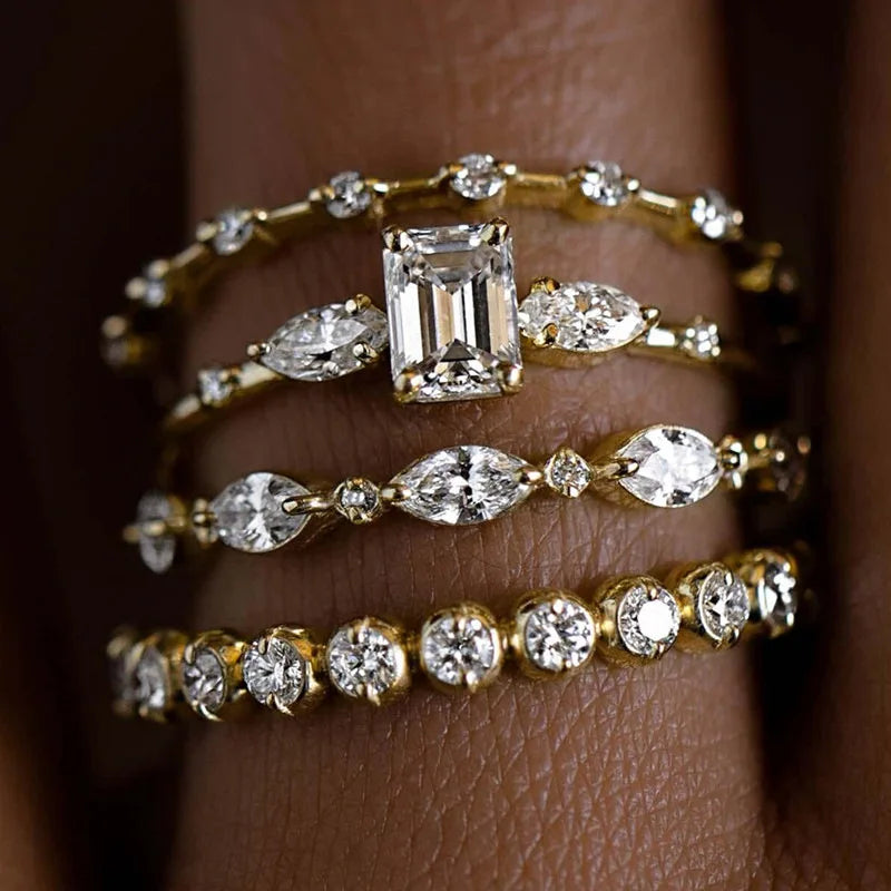 4PCS Gold Plated Zircon Eternity Bands Ring Set