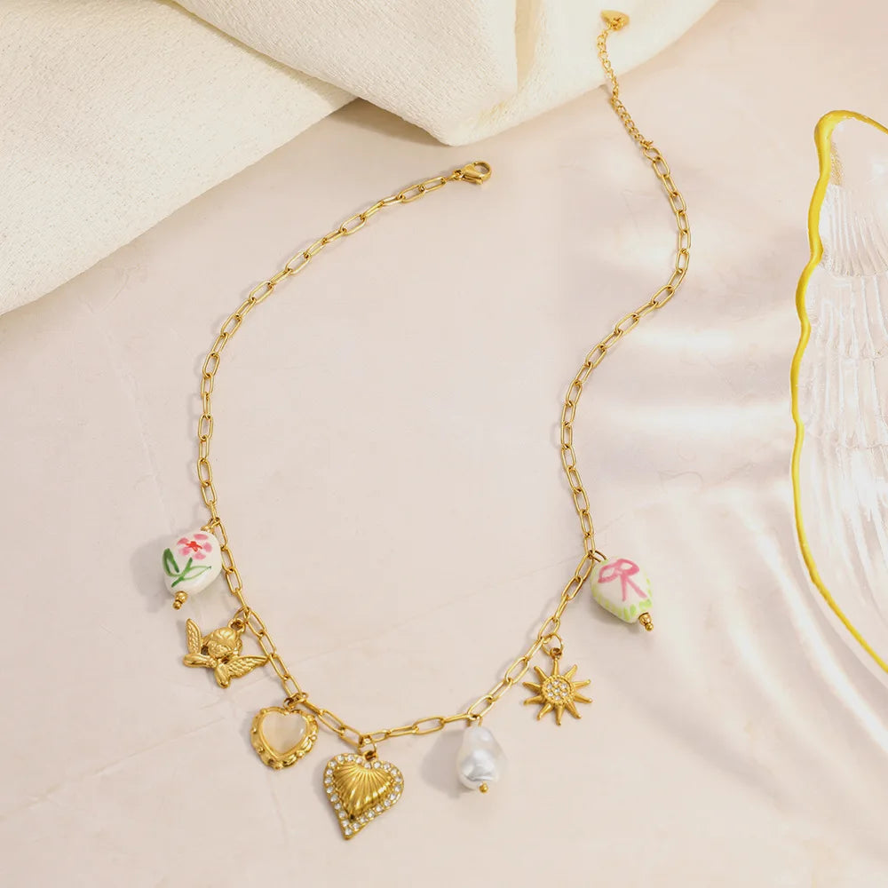 18K Gold Plated Stainless Steel Flower Heart Baroque Charm Pendant  Drop Necklace