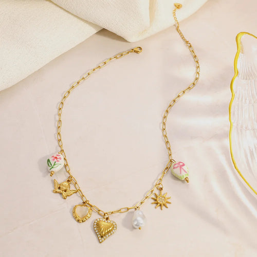 Load image 1 in gallery view. 18K Gold Plated Stainless Steel Flower Heart Baroque Charm Pendant  Drop Necklace