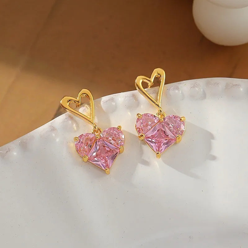 Crystal Love Heart Pendant Earring Gold Plated Valentine's for Women Gift