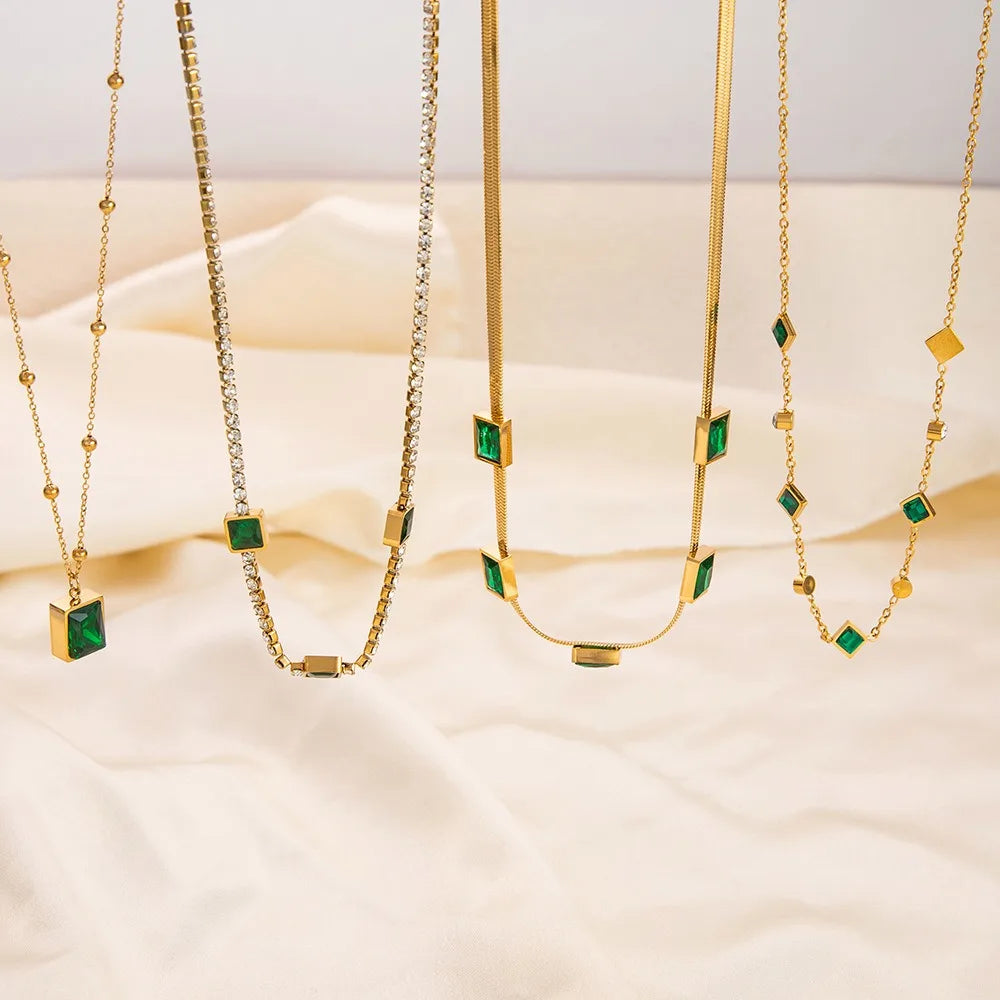 18K Gold Plated  Emerald Zircon Snake Chain Necklace for Women