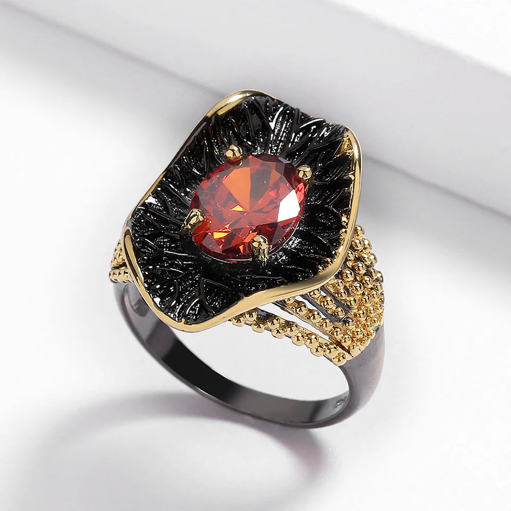 Vintage Court Style Oval Red Zirconia Antique Ring for Women