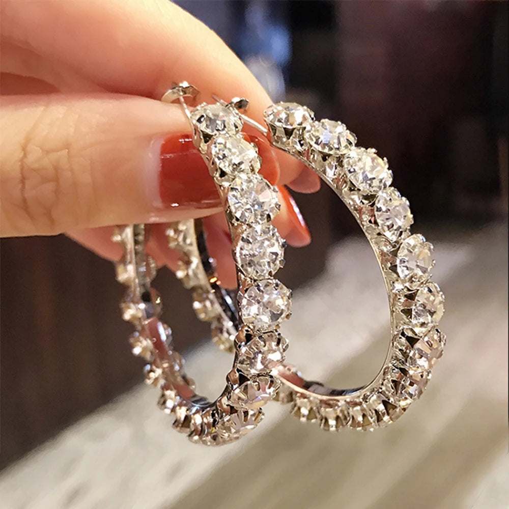 Silver Gold Rose Gold Plated Crystal Ladies Earrings Women Bridal Diamond Zircon Big Large Hoop Earrings