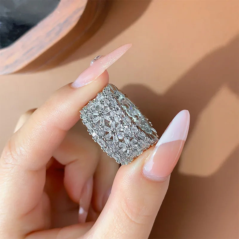 Platinum Plated Flower CZ Wide Band for Women