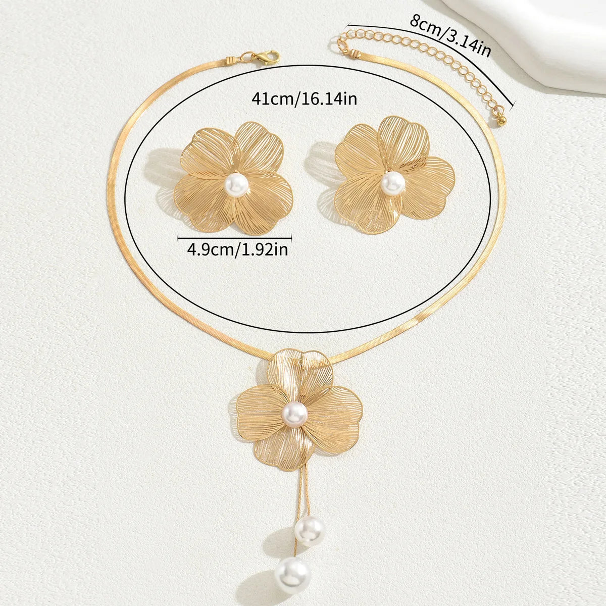 Flower Pearl Set Necklace Ring Earring Fashionable Simple Design For Women Parties