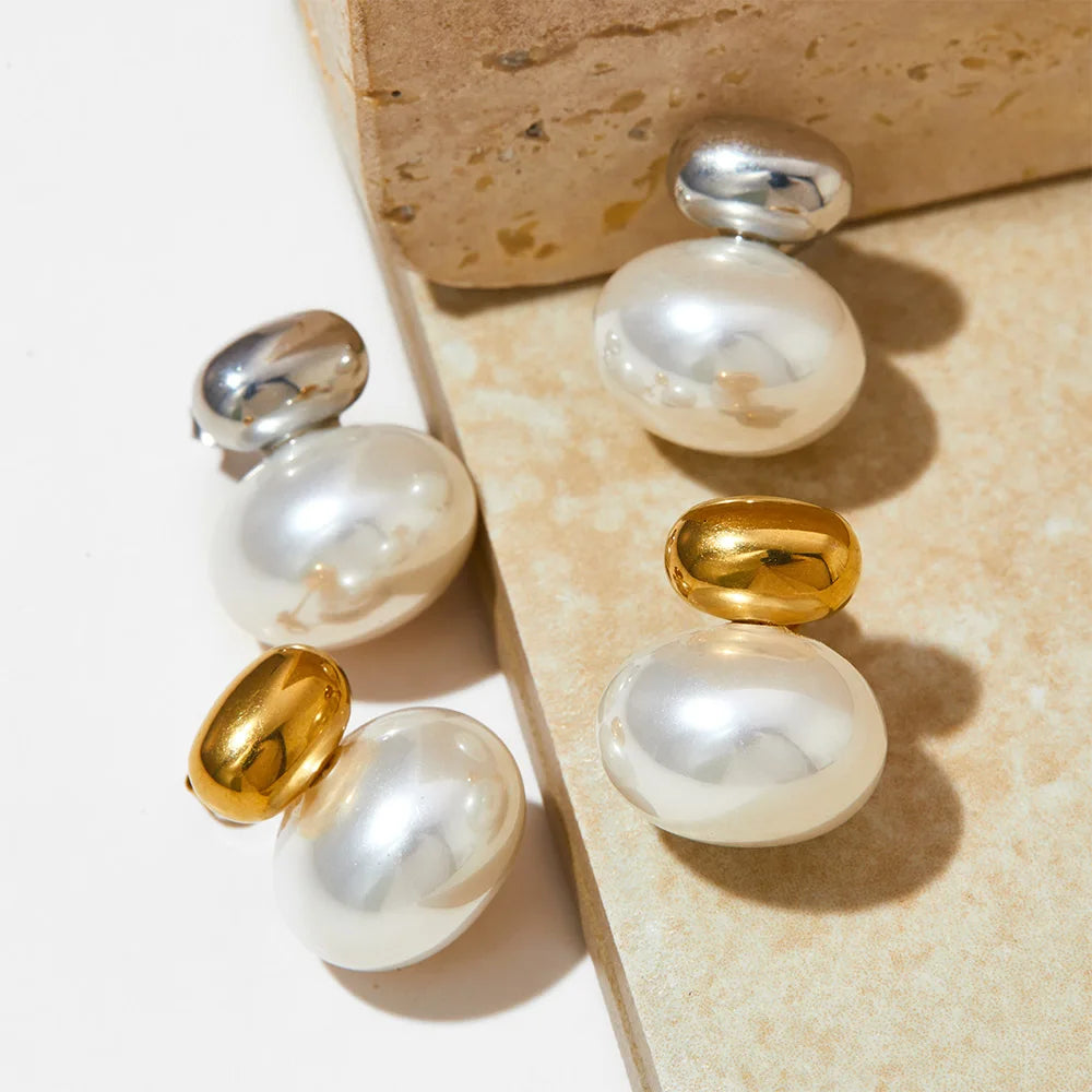 Gold Plated Oval Bead Imitation Pearl Stud Earrings Trendy Jewelry for Anniversary