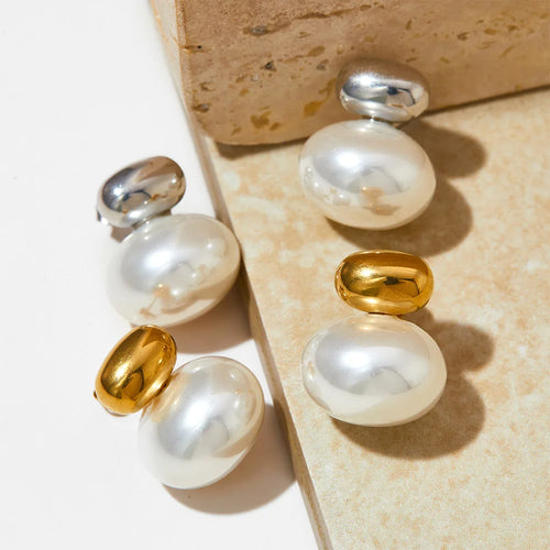 Load image 1 in gallery view. Gold Plated Oval Bead Imitation Pearl Stud Earrings Trendy Jewelry for Anniversary
