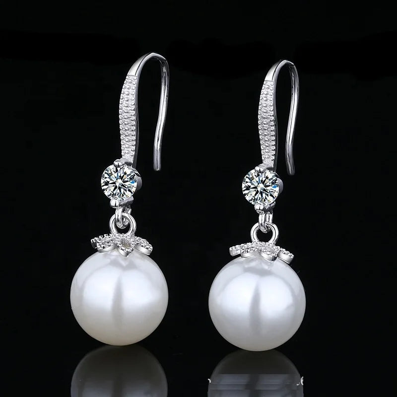 Elegant Natural Pearl Dangle Drop Earrings Crystal CZ 925S Sterling Silver Wedding Jewelry Gift Women Earrings