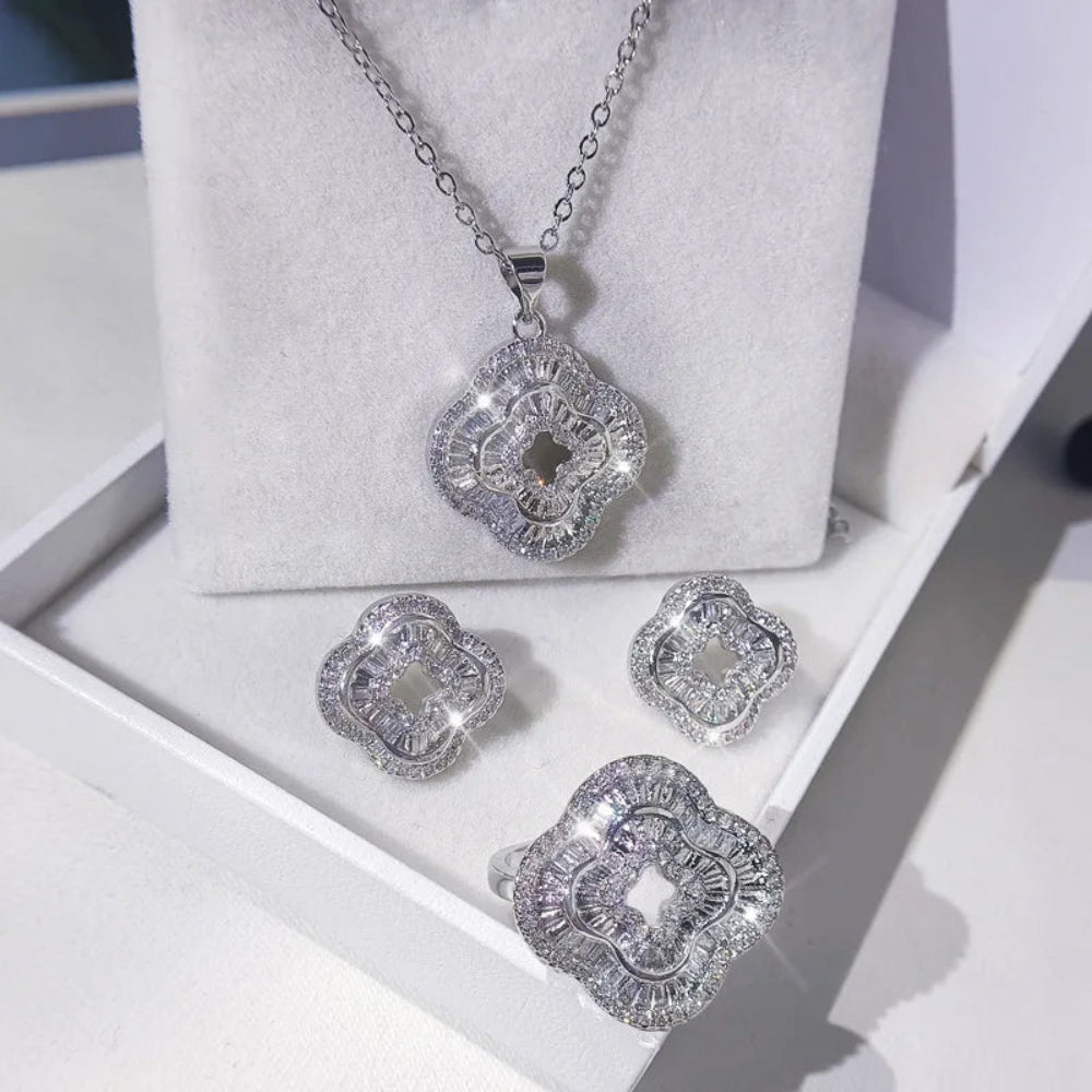 Elegant Leaf Zircon Jewelry Set Platinum Plated Necklace Earrings Ring