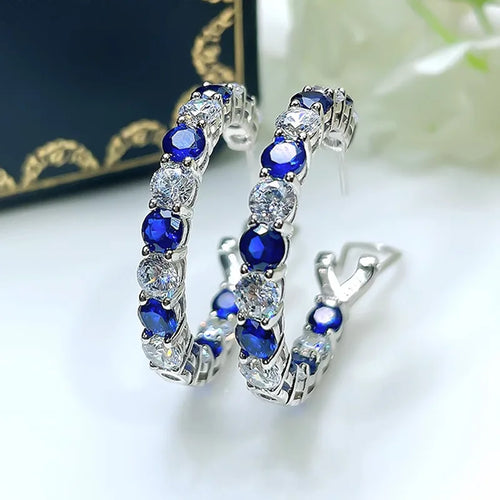 Load image 1 in gallery view. Blue/Green Crystal Cubic Zirconia Circle Hoop Earrings for Women Bridal Wedding Party Silver Plated Hoop Earrings
