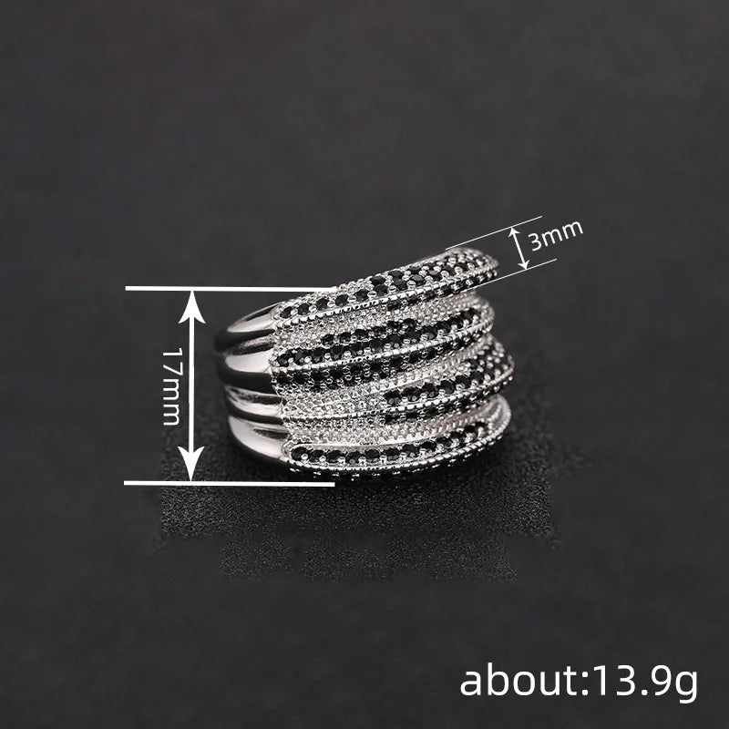 Silver Plated Multi Layers Sparkling White/Black Zircon Rings Wedding for Women