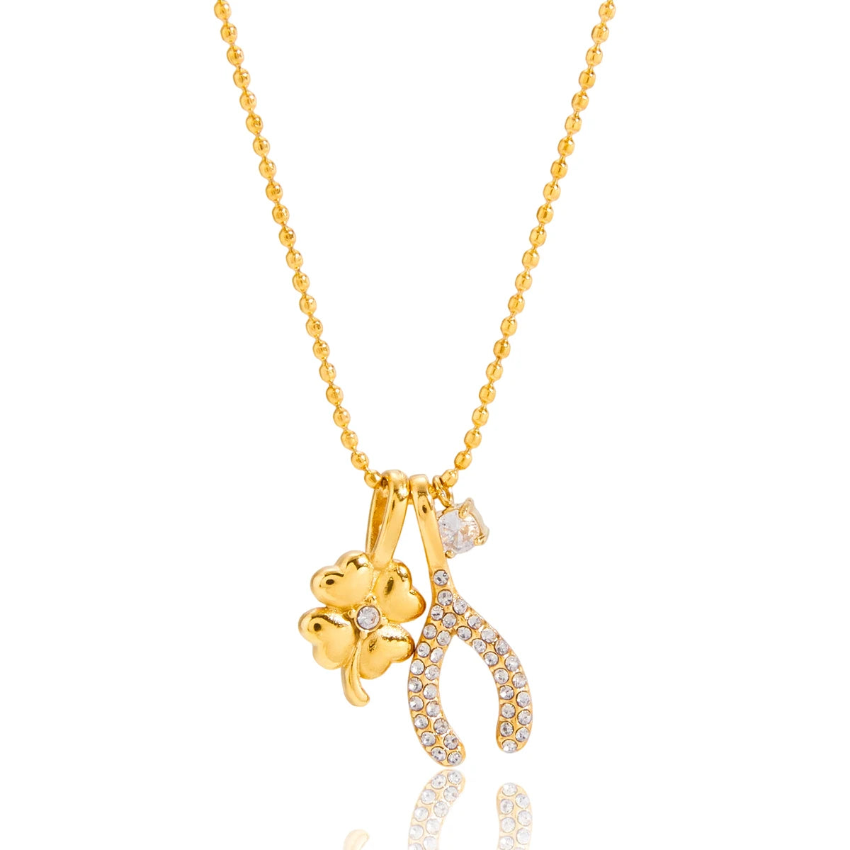 Zircon Four Leaf Clover Wishbone Bead Chain Lucky Charms Necklace Waterproof/Hypoallergenic