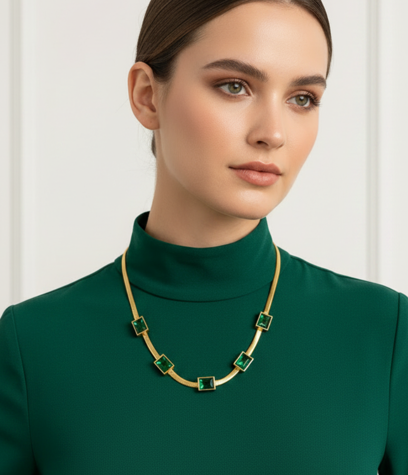 18K Gold Plated  Emerald Zircon Snake Chain Necklace for Women